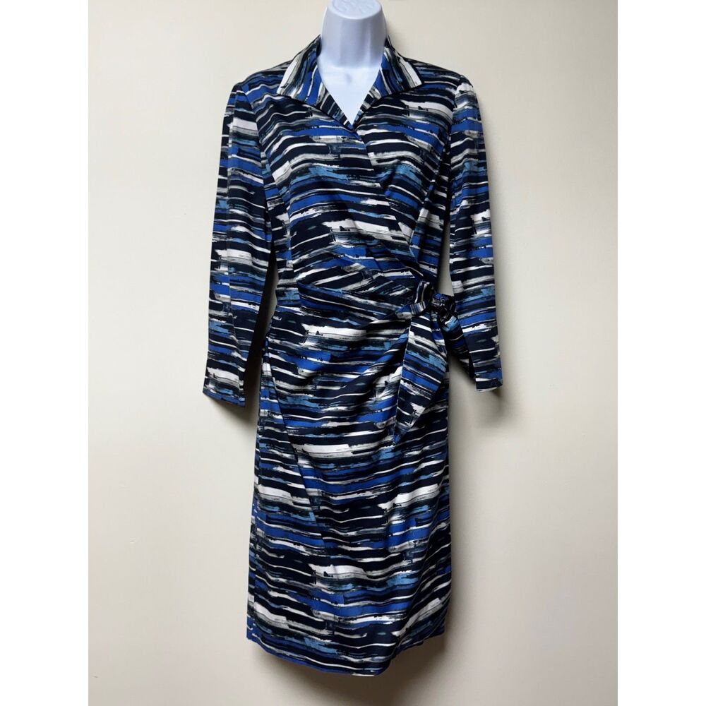 LAFAYETTE 148 NEW YORK Blue/White Long Sleeve Wrap Dress, Sz 8